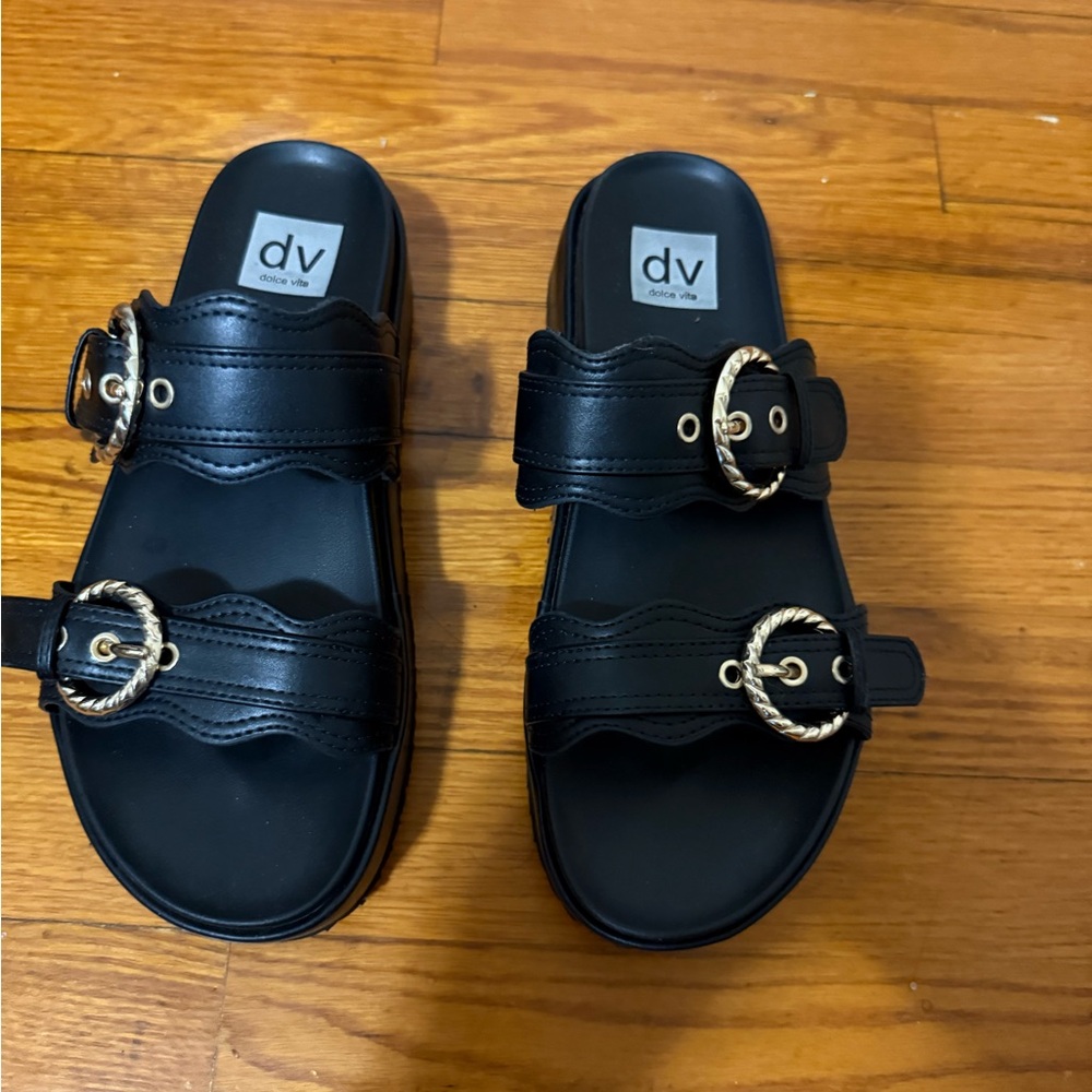 DV by Dolce Vita Black Sandals with Gold Accents
